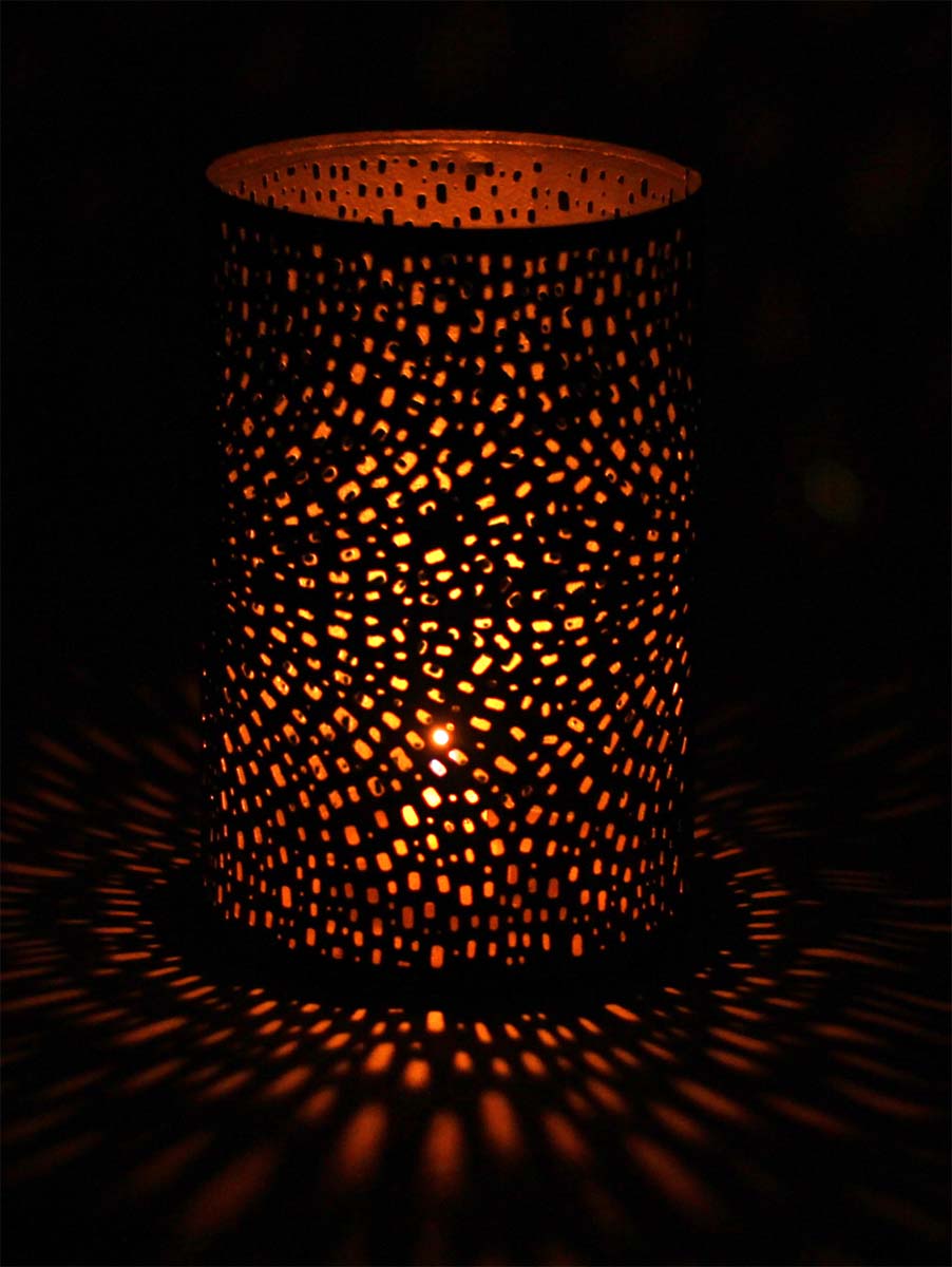 Handmade Tea-Light Candle Holder in Iron - Shades of Gray - Cylindrical Shaped - Abstract Cut-Out Patterning - Metal Votive Candle Stands - Table-Top Decorations - Buy in Bulk Wholesale